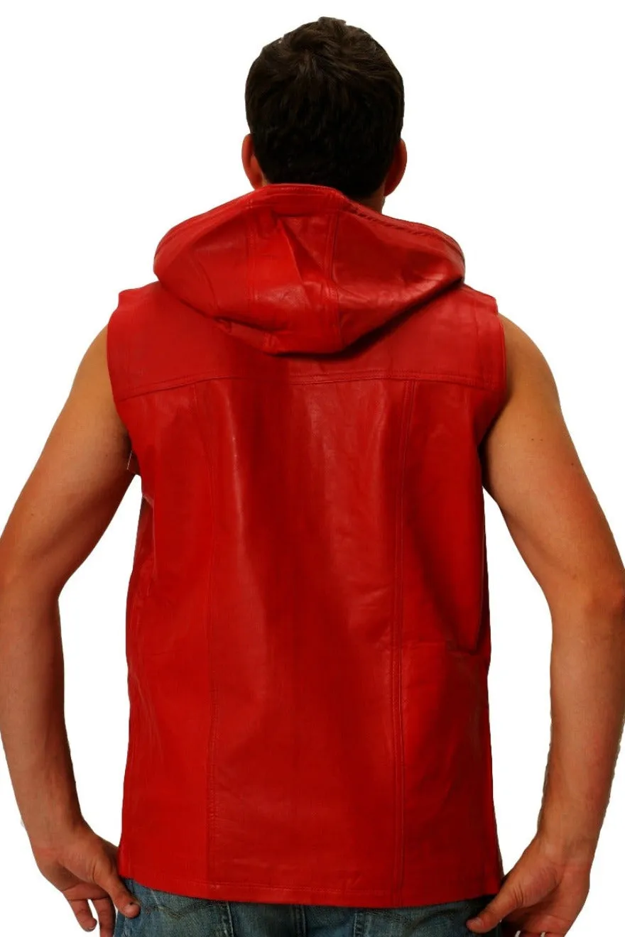 Mens Hooded Leather Vest - Red