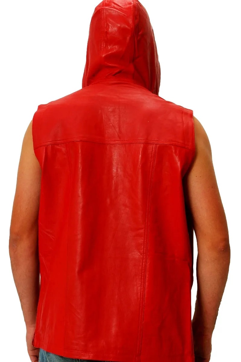 Mens Hooded Leather Vest - Red