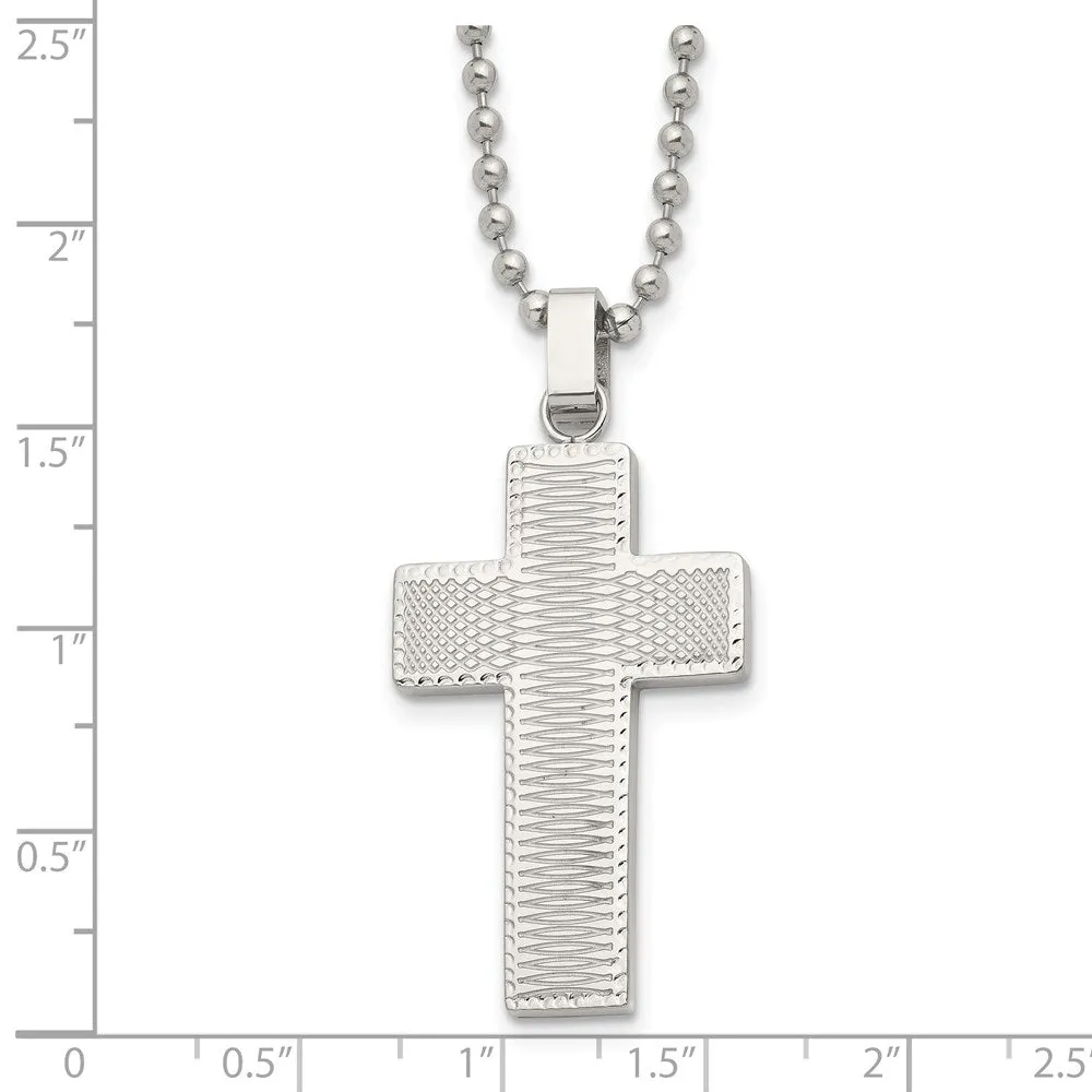 Men's Stainless Steel Polished Laser Cut Cross Necklace, 22 Inch