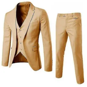 Mens Suit Wedding Party Dinner 3-pieces Suit Blazer Vest Pants Khaki