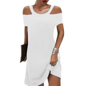 Mujeres Plain Cold Shoulder Short Sleeve Mini Dress Summer Casual Shift Dresses High Quality