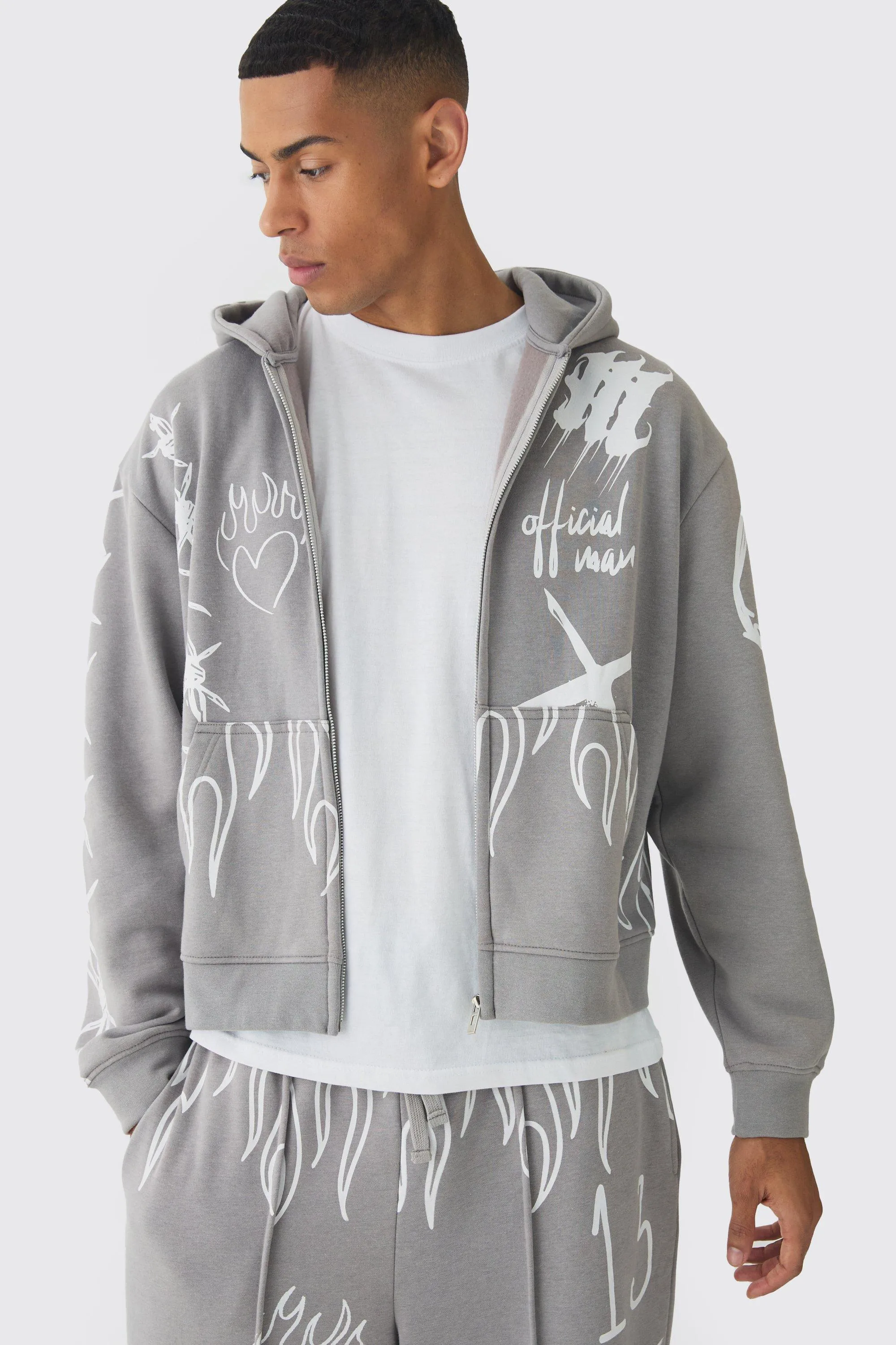 Oversized Boxy All Over Print Graffiti Zip Through Hoodie