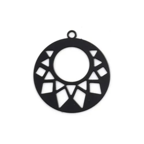 Pendants, Flat, Round, Gypsy Hoops, Geometric, Laser-Cut, Black, Enameled, Focal, Iron, 22mm