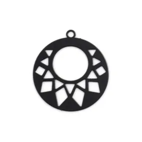 Pendants, Flat, Round, Gypsy Hoops, Geometric, Laser-Cut, Black, Enameled, Focal, Iron, 22mm