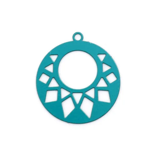 Pendants, Flat, Round, Gypsy Hoops, Geometric, Laser-Cut, Teal, Enameled, Focal, Iron, 22mm