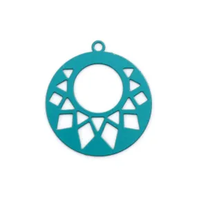 Pendants, Flat, Round, Gypsy Hoops, Geometric, Laser-Cut, Teal, Enameled, Focal, Iron, 22mm