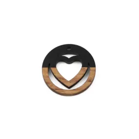 Pendants, Round, Laser-Cut, Heart, Black, Wood And Resin, Focal, 25mm