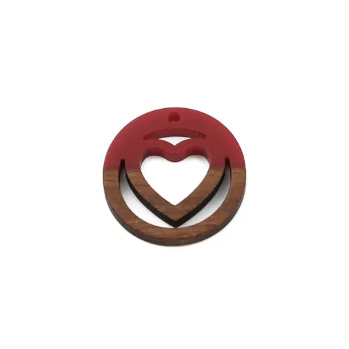 Pendants, Round, Laser-Cut, Heart, Cherry Red, Wood And Resin, Focal, 25mm