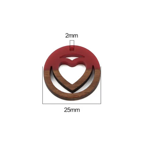 Pendants, Round, Laser-Cut, Heart, Cherry Red, Wood And Resin, Focal, 25mm