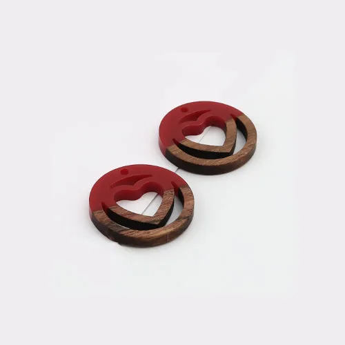 Pendants, Round, Laser-Cut, Heart, Cherry Red, Wood And Resin, Focal, 25mm