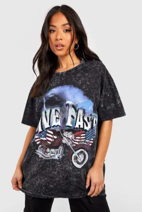 Petite Acid Wash Motorcycle Slogan Print Tshirt