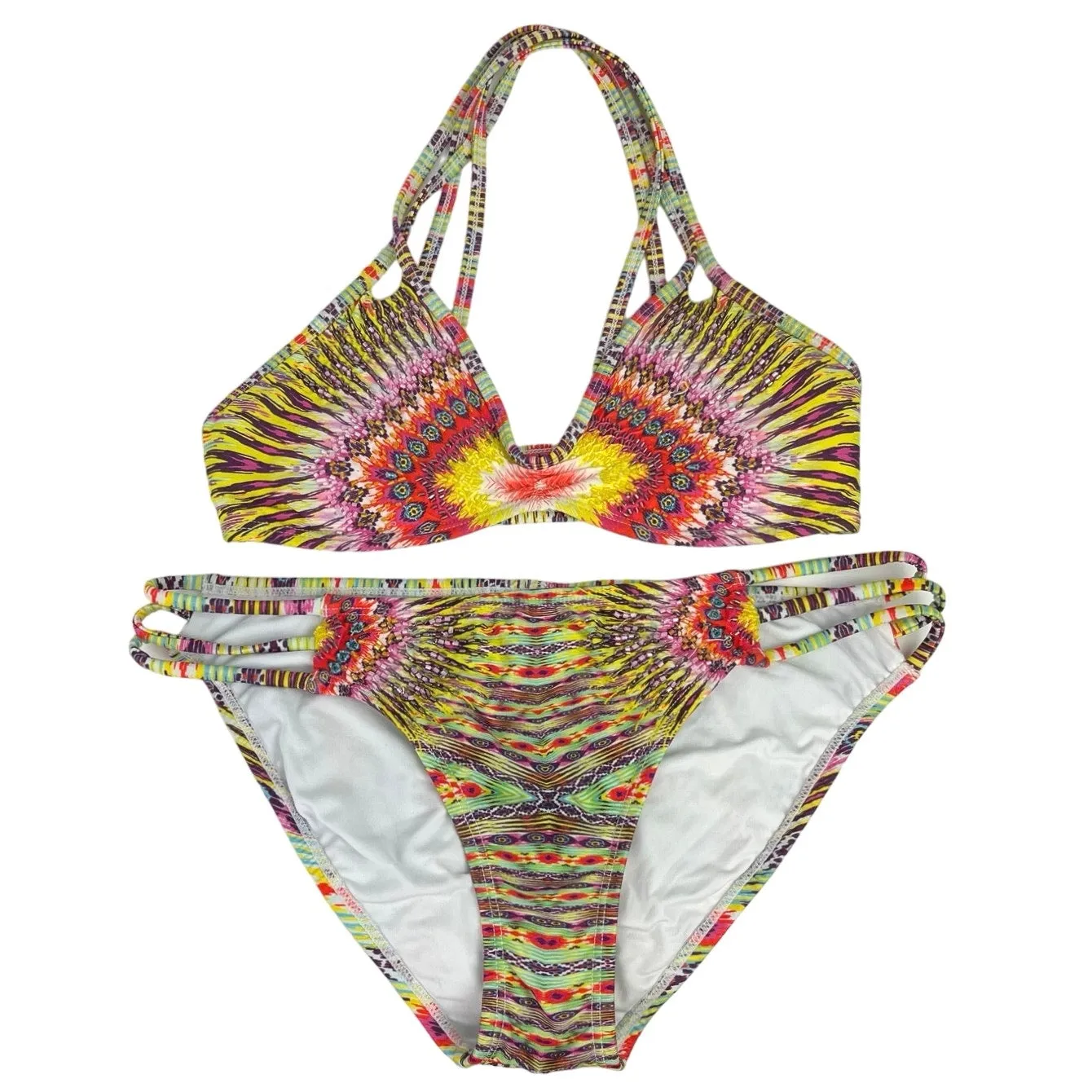 PILYQ Multicolor Color Block Print Beaded Strappy 2-Piece Swimwear Bikini Set S