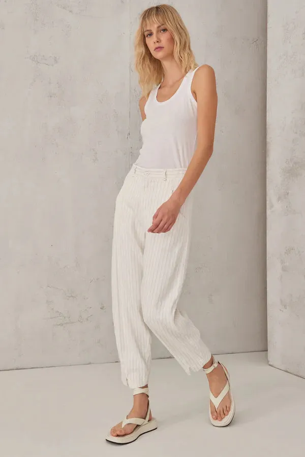 Pinstripe Stretch Viscose Linen Comfort Fit Trousers - White