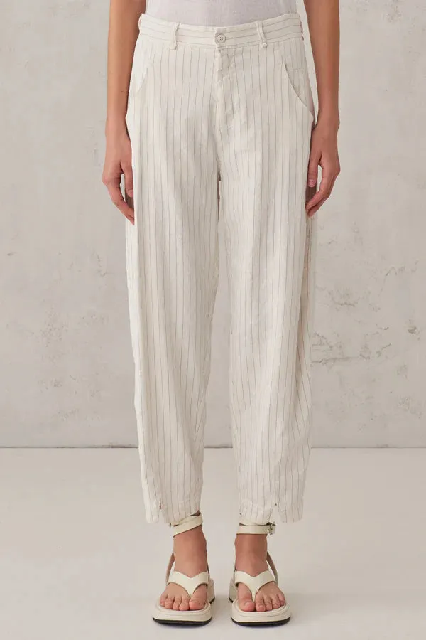 Pinstripe Stretch Viscose Linen Comfort Fit Trousers - White