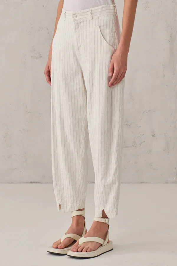 Pinstripe Stretch Viscose Linen Comfort Fit Trousers - White