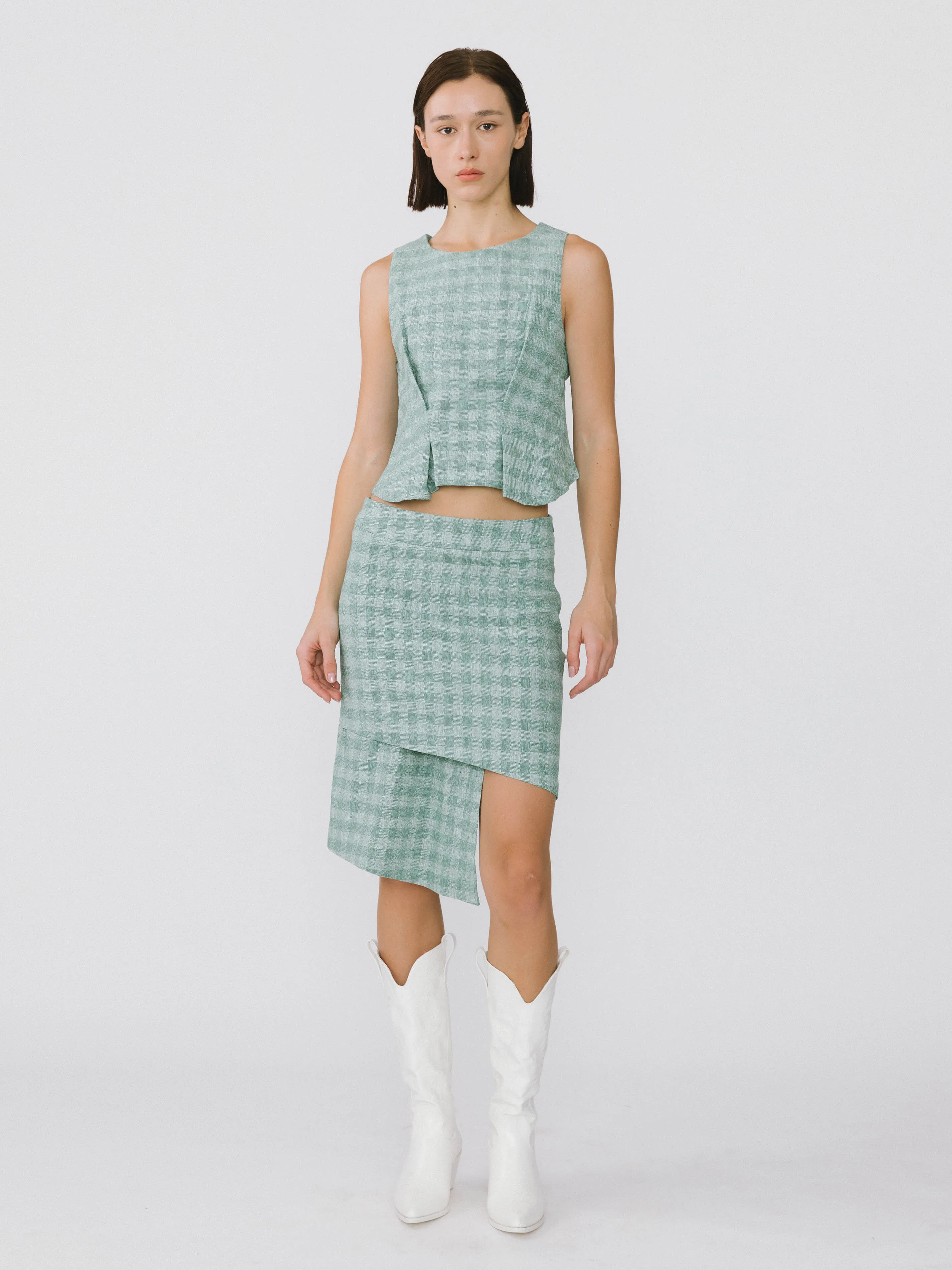 Plaid Asymmetric Vest and Skirt Suit