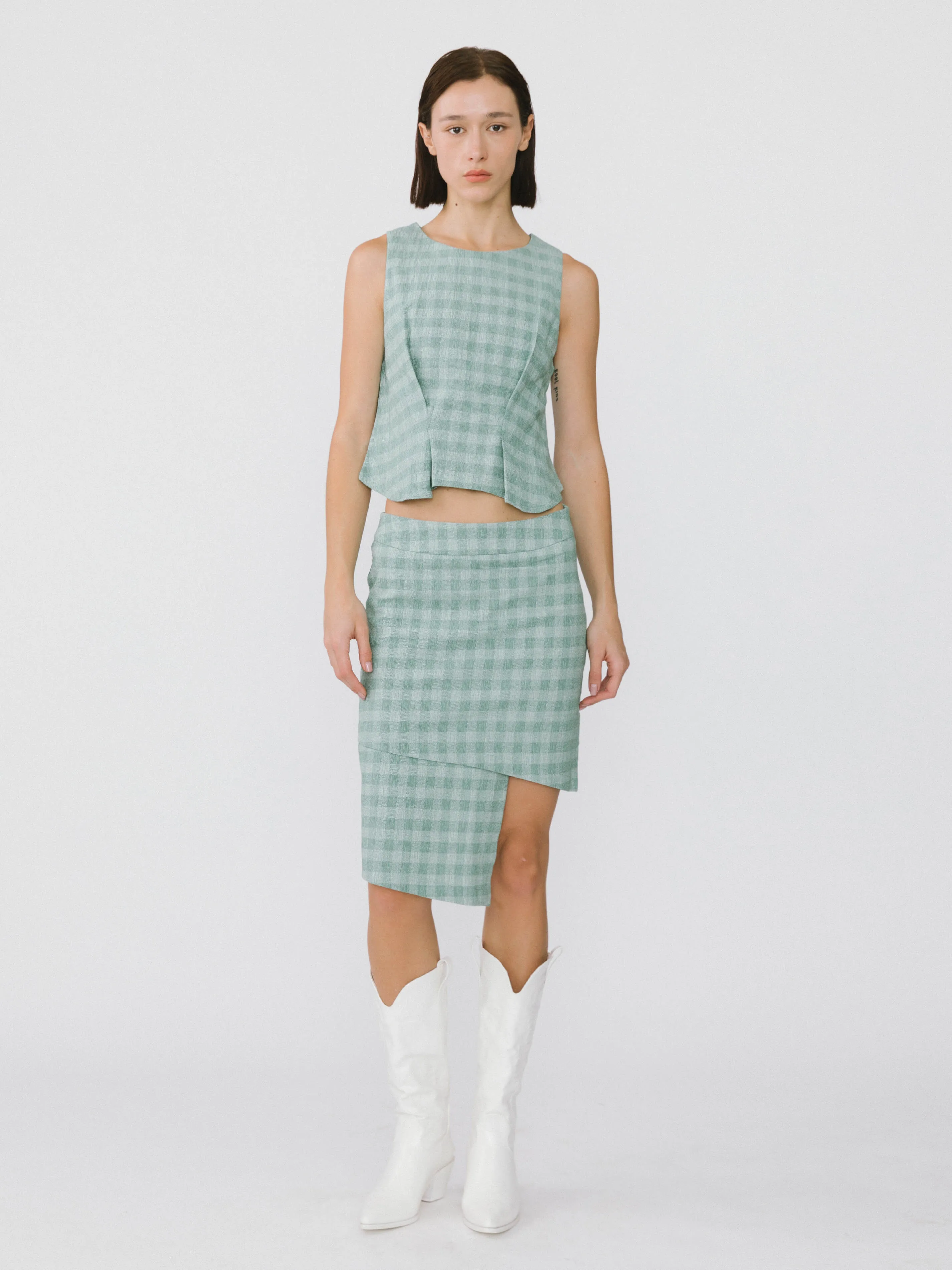 Plaid Asymmetric Vest and Skirt Suit