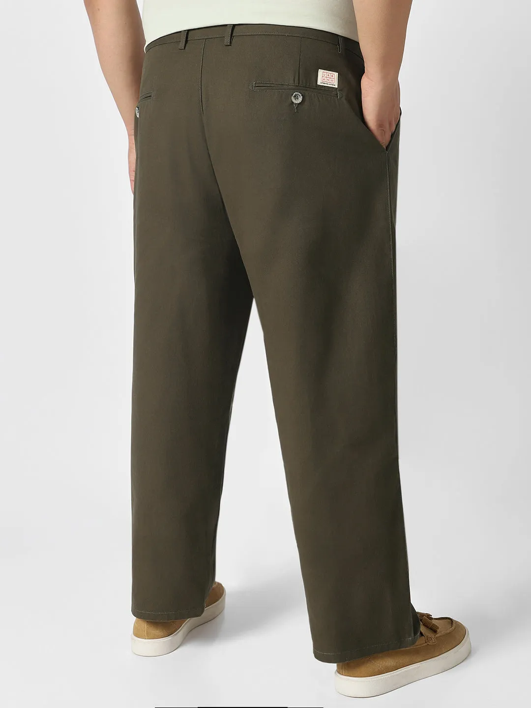 Plus Men's Dark Olive Loose Baggy Fit Solid Chino Trousers Non-Stretchable