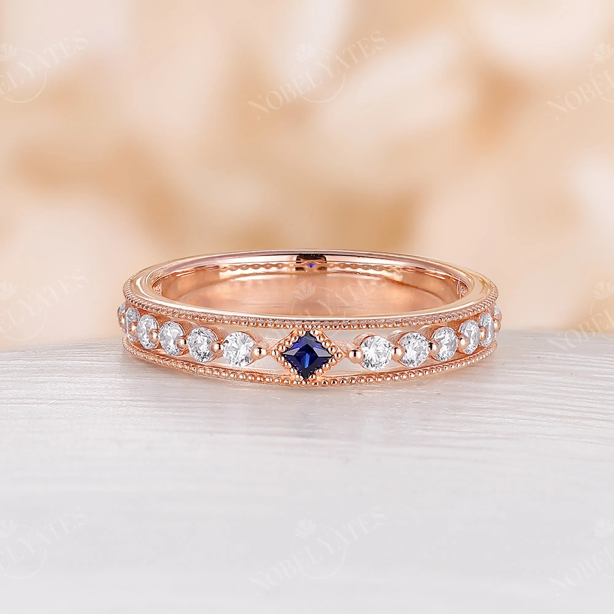 Princess cut Lab Sapphire Wedding Band His and Her Rose Gold Band