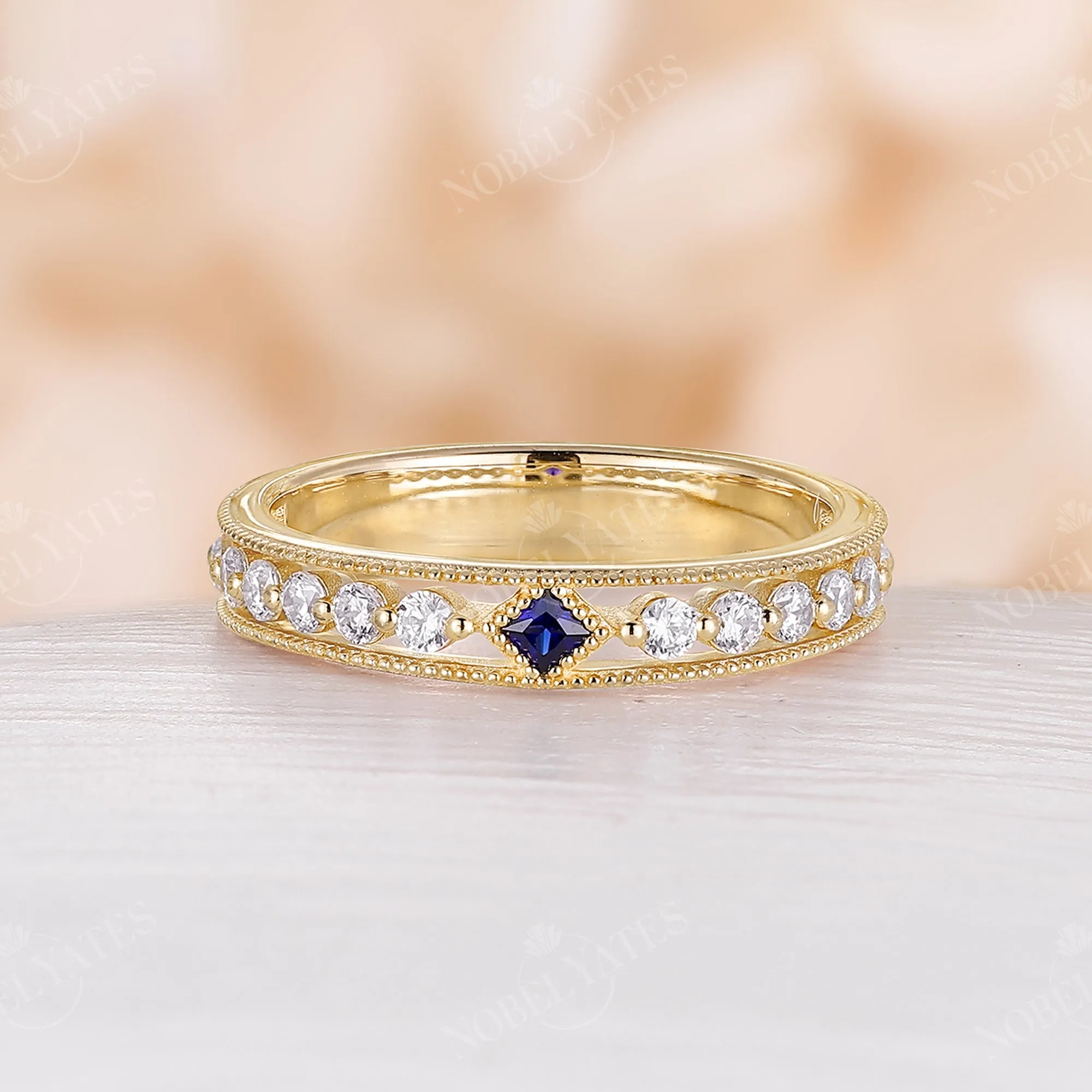 Princess cut Lab Sapphire Wedding Band His and Her Rose Gold Band