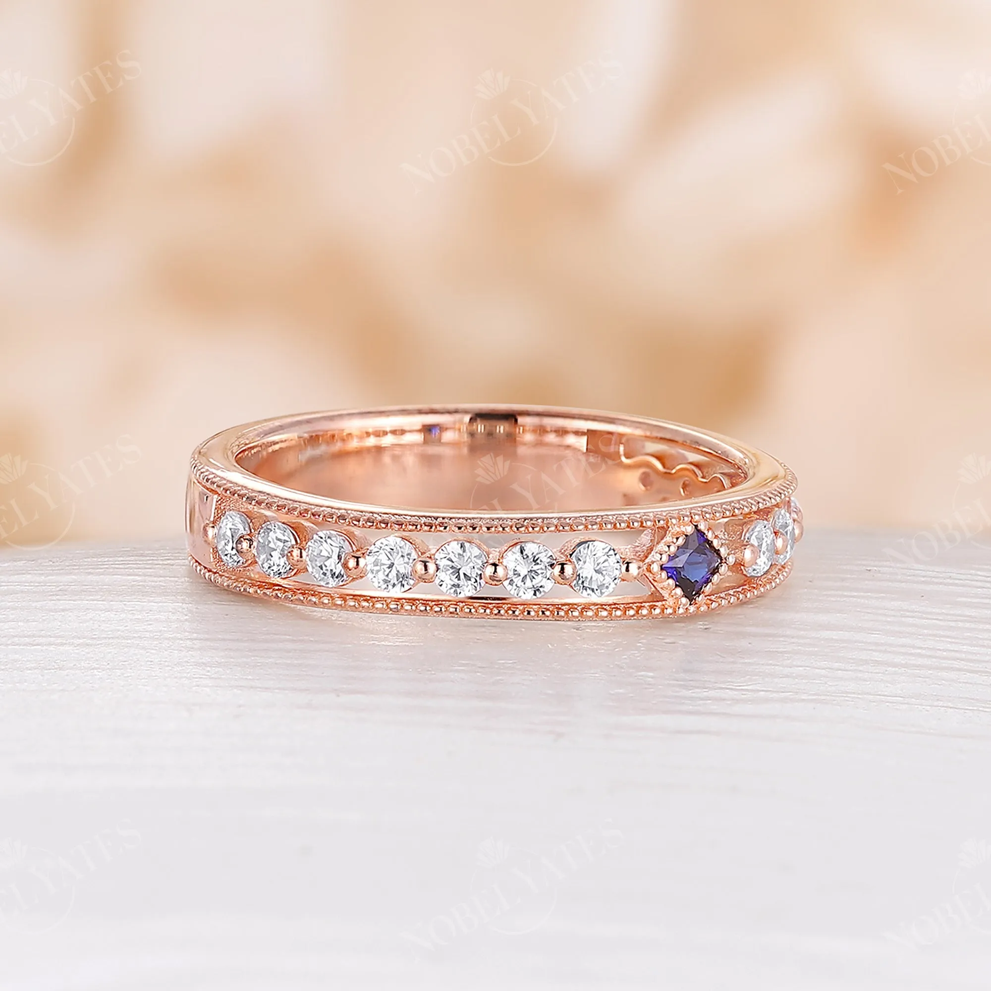 Princess cut Lab Sapphire Wedding Band His and Her Rose Gold Band