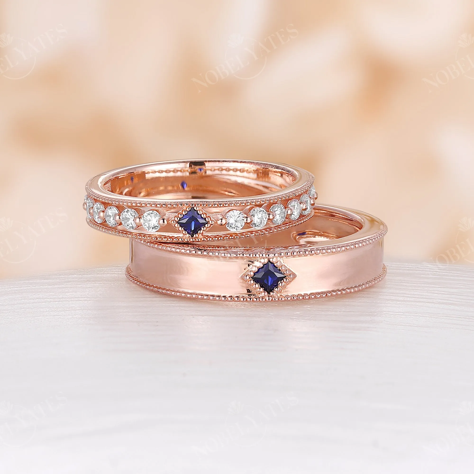 Princess cut Lab Sapphire Wedding Band His and Her Rose Gold Band