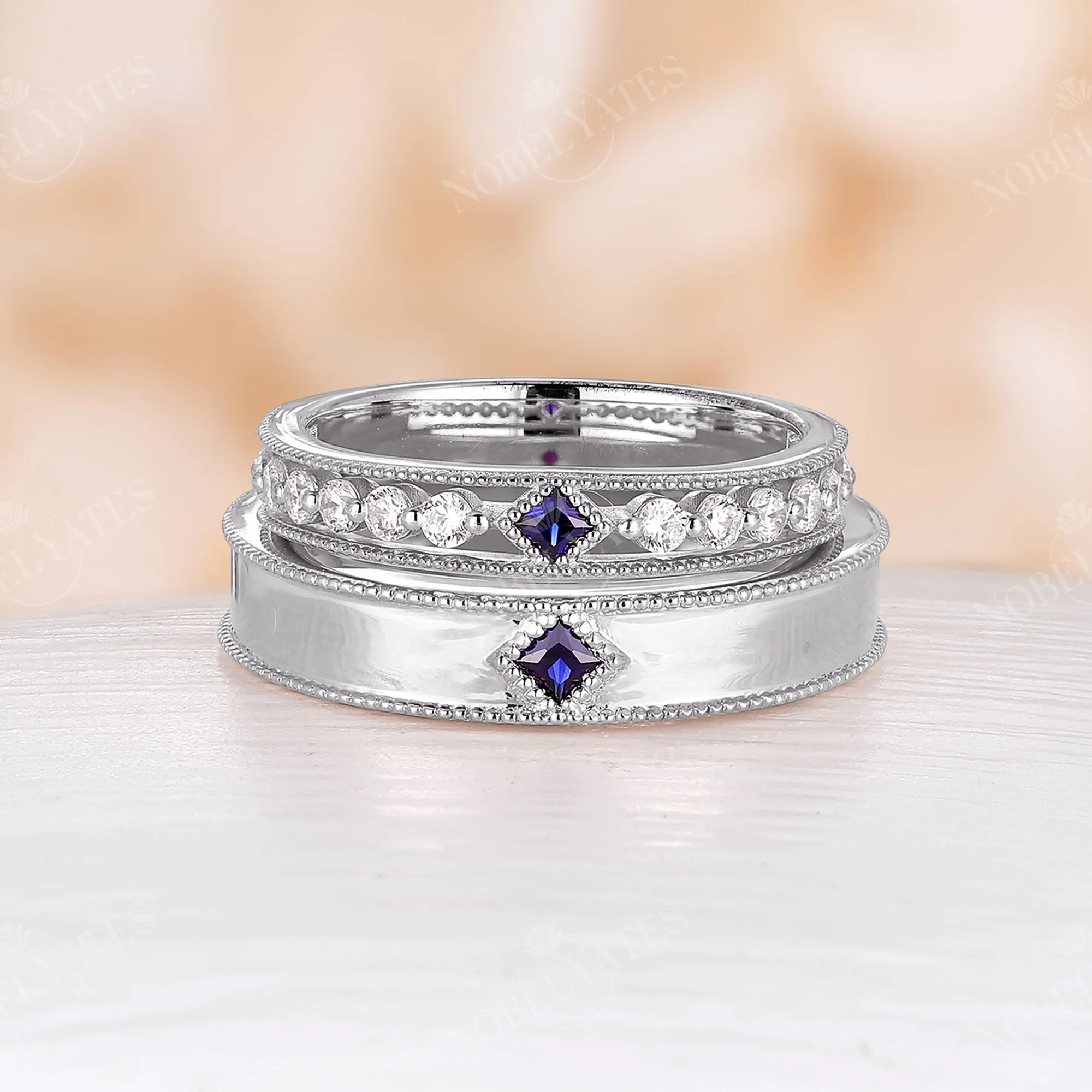 Princess cut Lab Sapphire Wedding Band His and Her Rose Gold Band