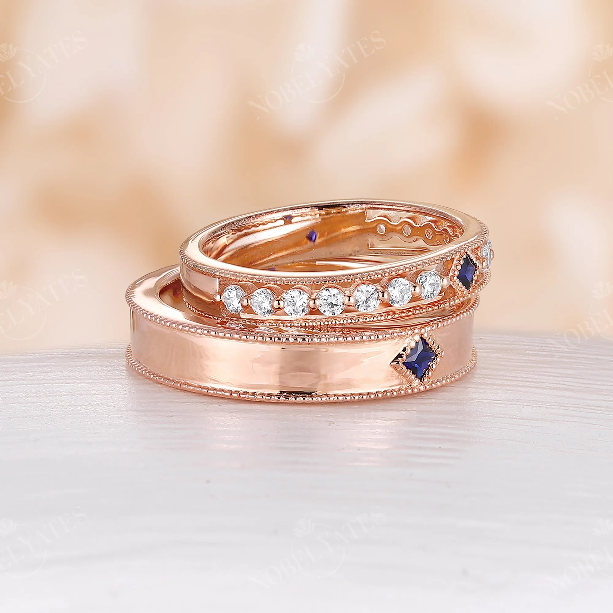 Princess cut Lab Sapphire Wedding Band His and Her Rose Gold Band