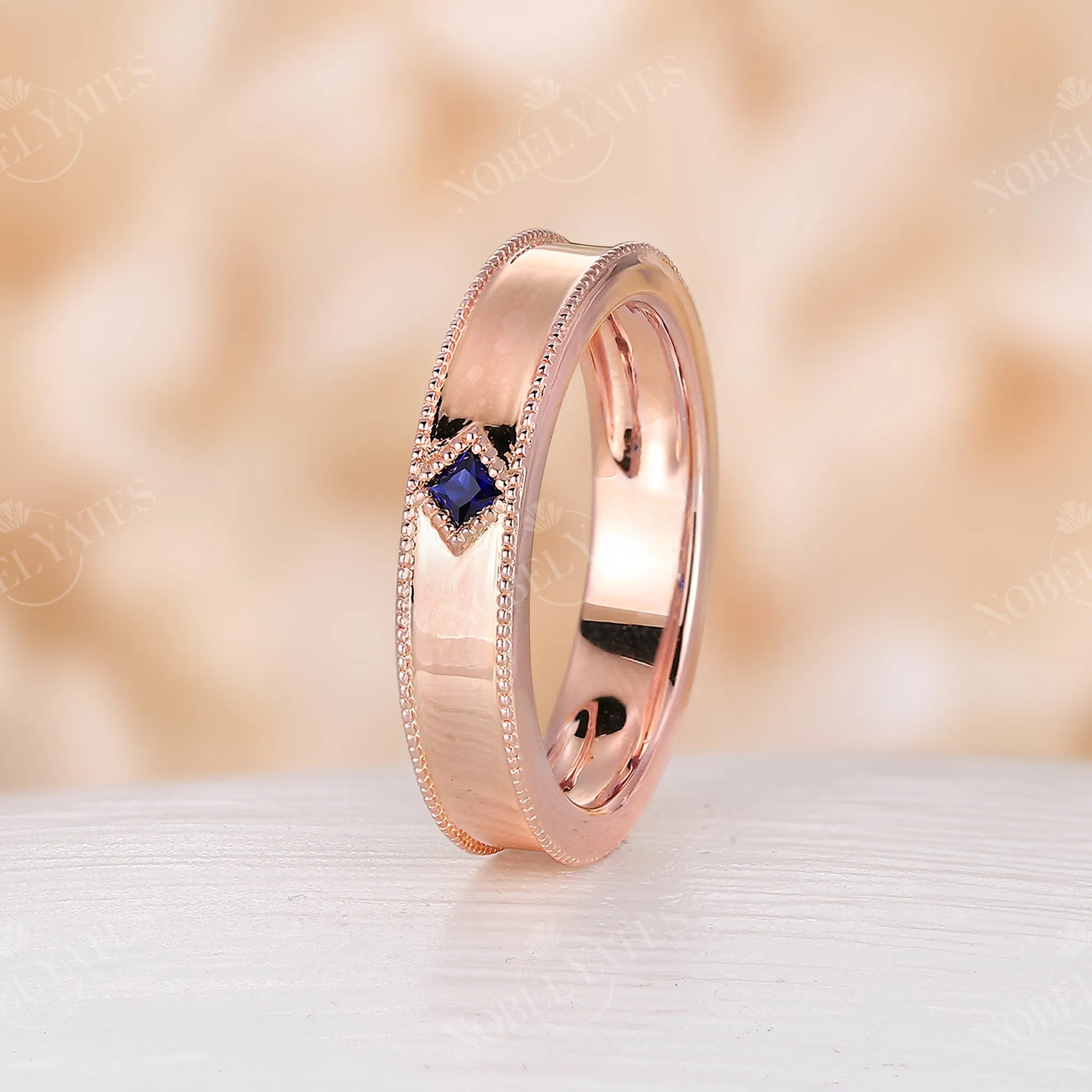 Princess cut Lab Sapphire Wedding Band His and Her Rose Gold Band