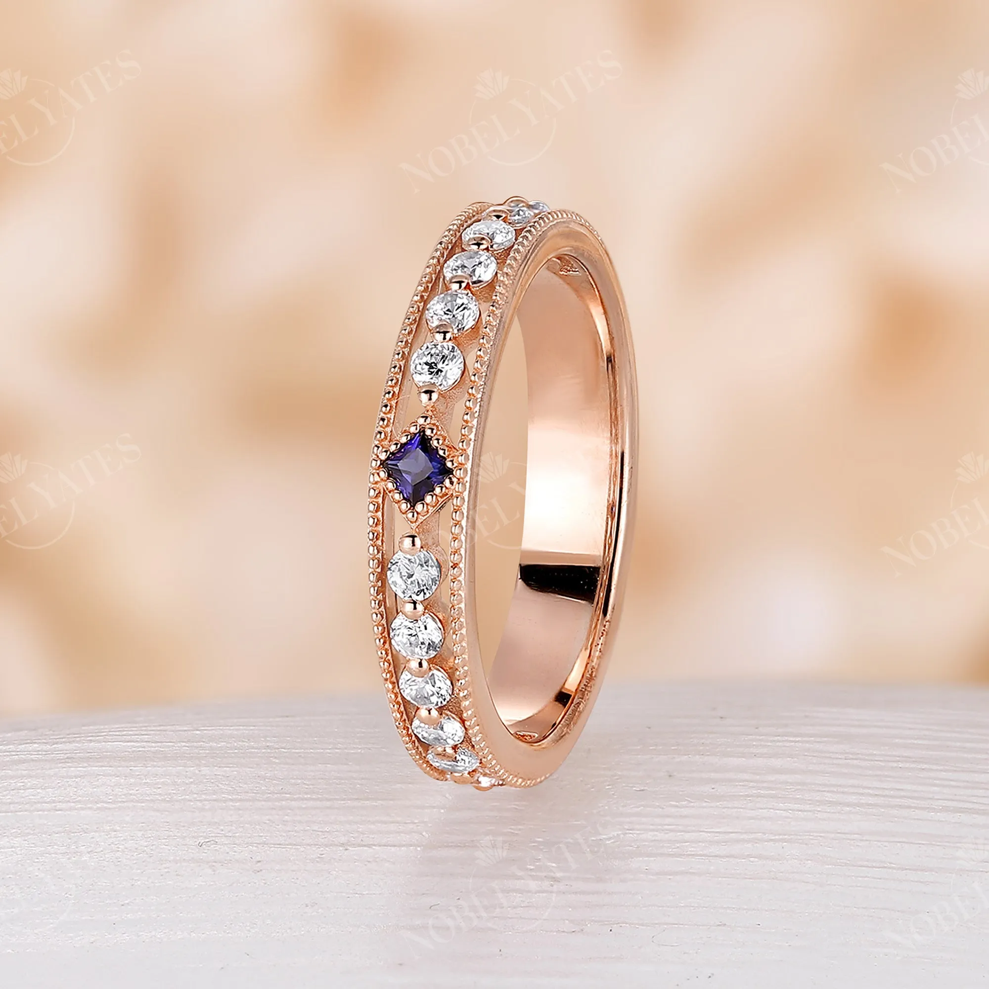 Princess cut Lab Sapphire Wedding Band His and Her Rose Gold Band