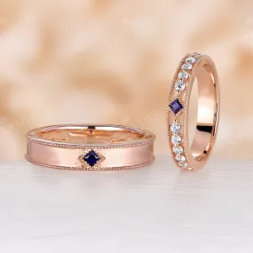 Princess cut Lab Sapphire Wedding Band His and Her Rose Gold Band