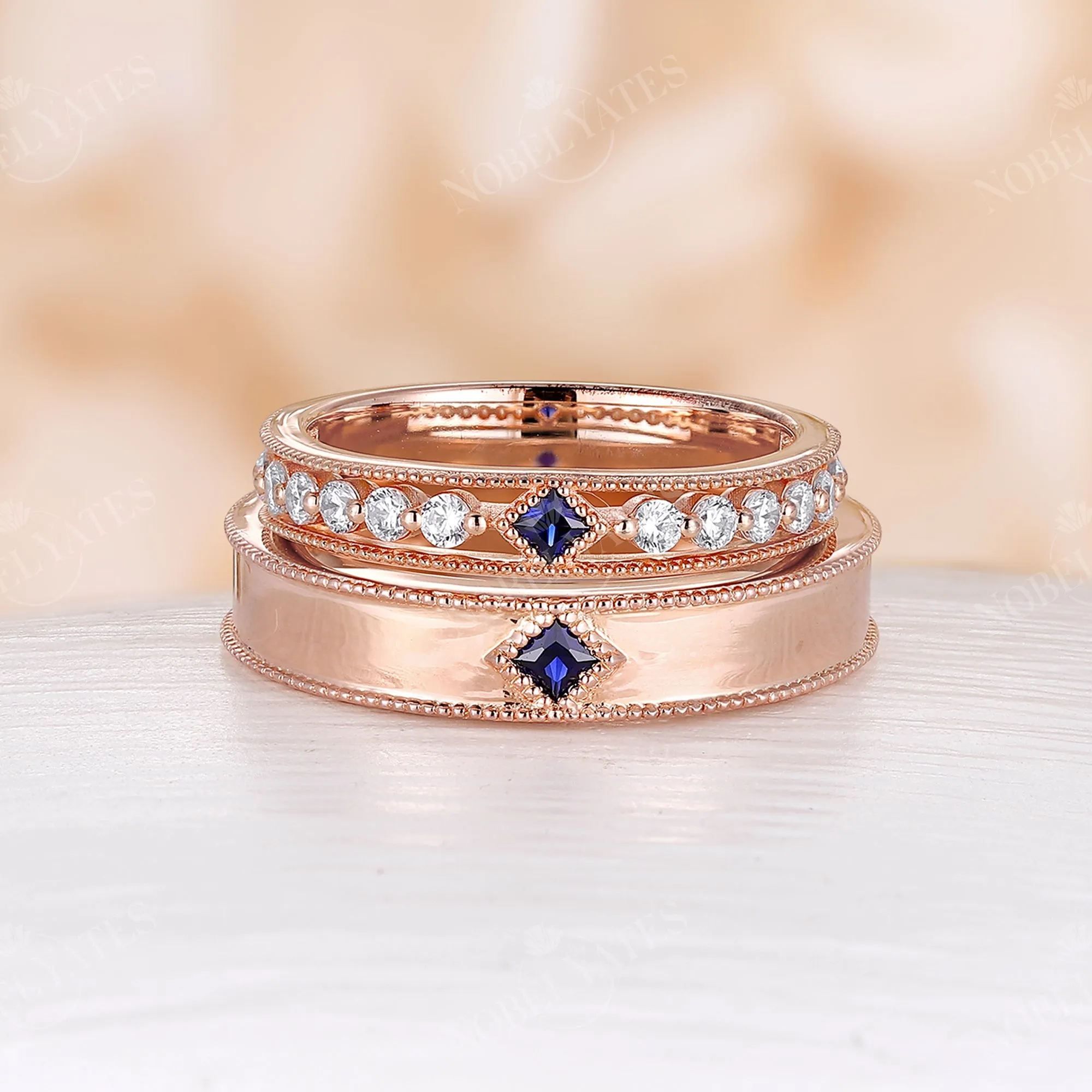 Princess cut Lab Sapphire Wedding Band His and Her Rose Gold Band