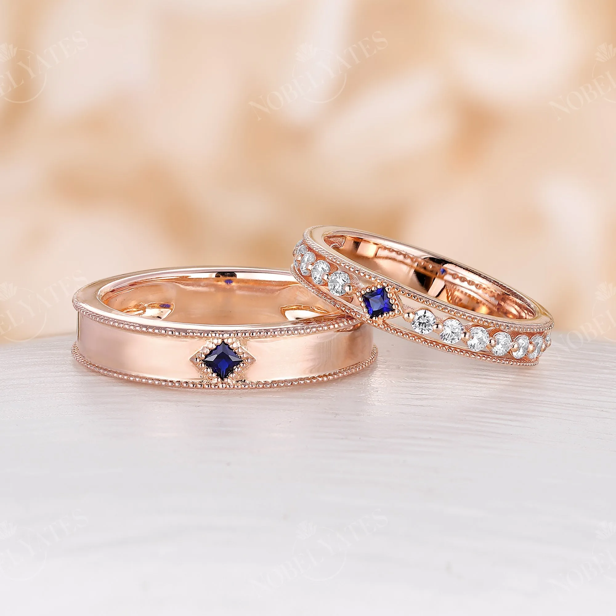 Princess cut Lab Sapphire Wedding Band His and Her Rose Gold Band