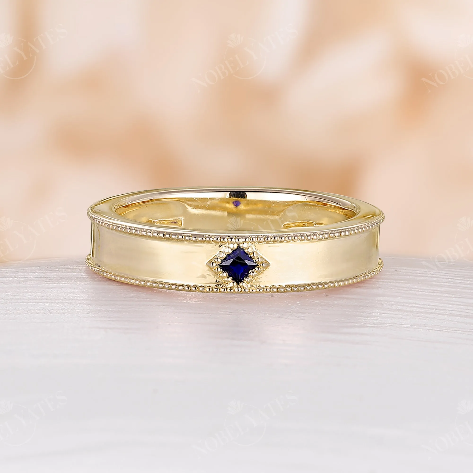 Princess cut Lab Sapphire Wedding Band His and Her Rose Gold Band