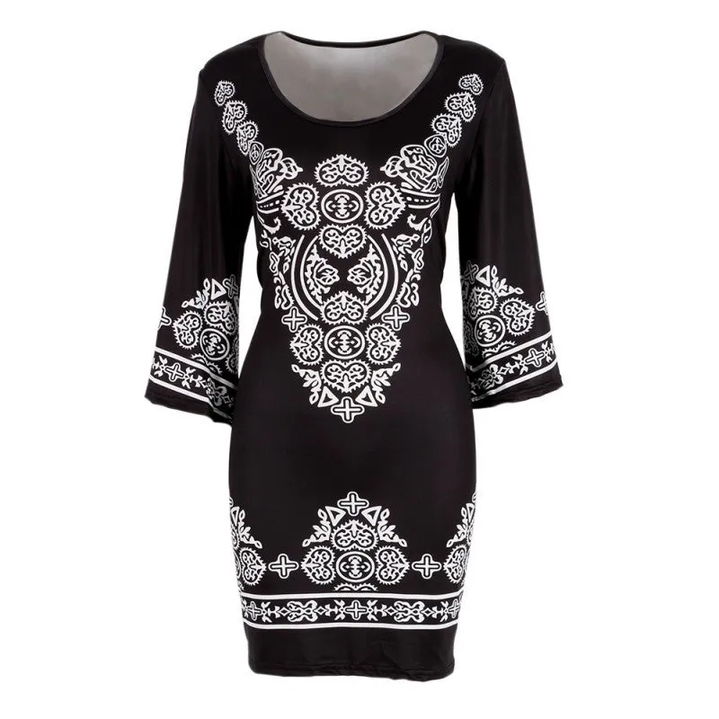 Retro Style Sexy Women Bodycon Dress Floral Printed 3/4 Sleeve Casual Mini Dresses Robe Femme SM6