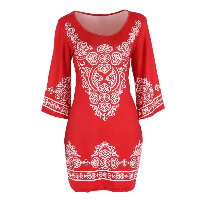 Retro Style Sexy Women Bodycon Dress Floral Printed 3/4 Sleeve Casual Mini Dresses Robe Femme SM6