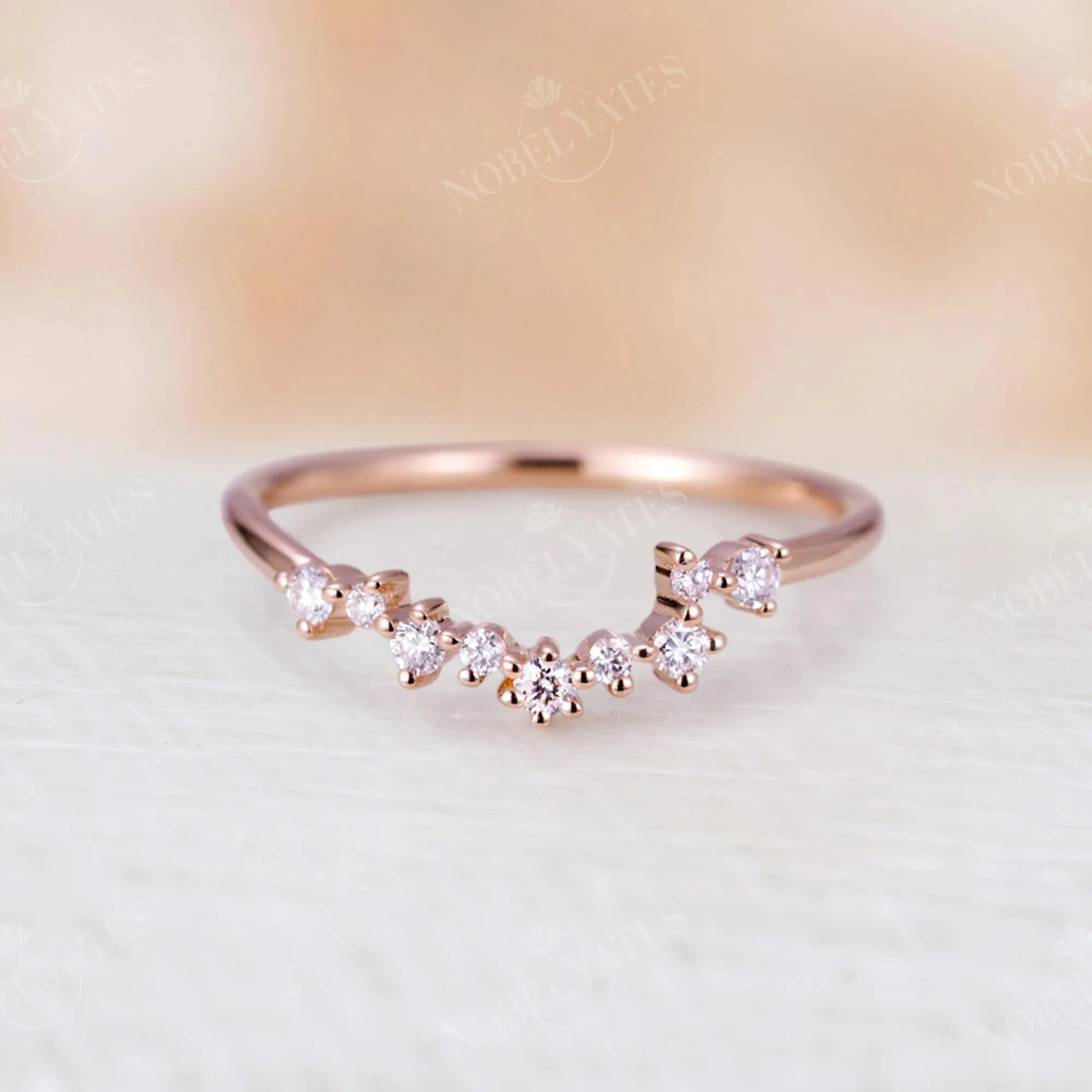 Round Diamond & Moissanite Curved Wedding Band Rose Gold