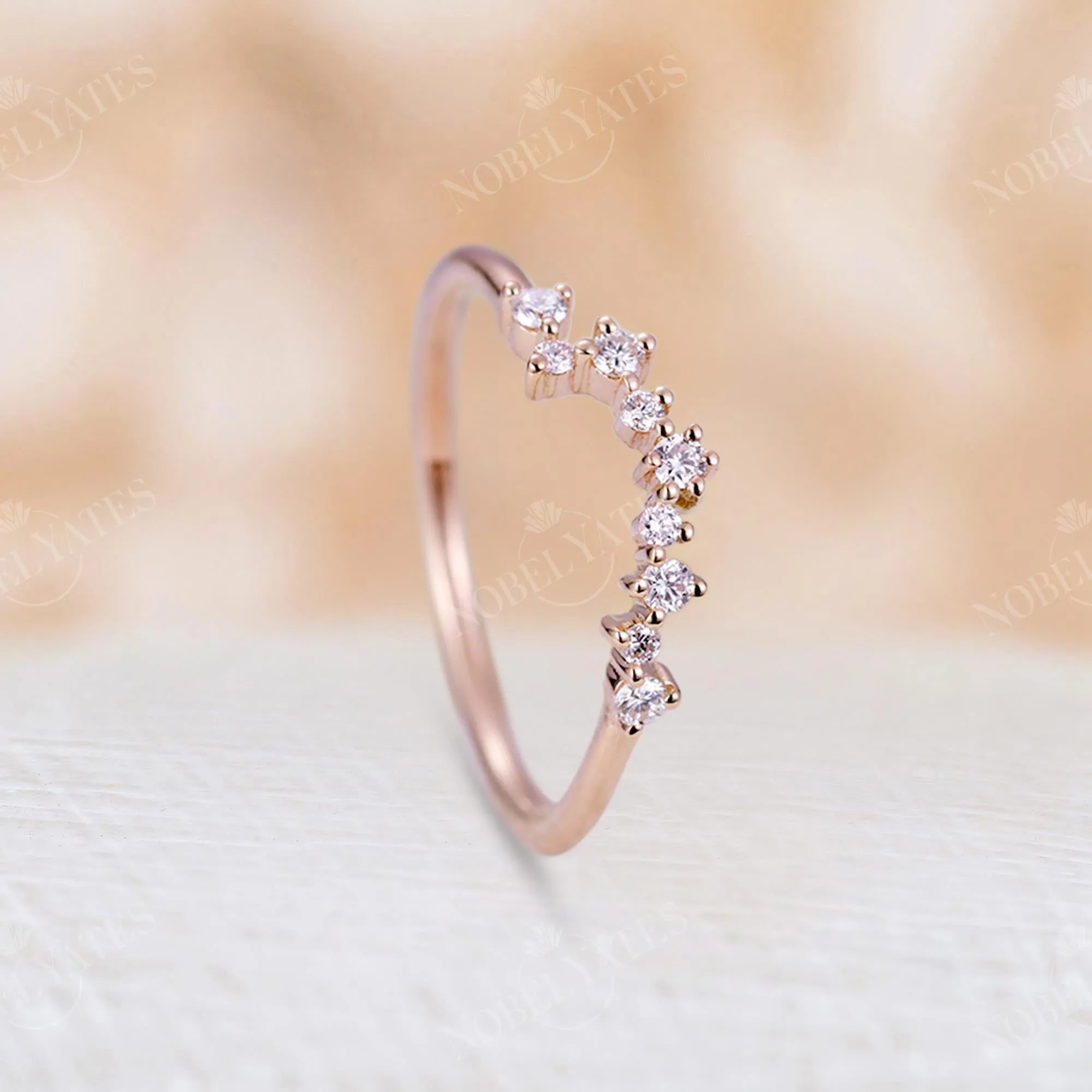 Round Diamond & Moissanite Curved Wedding Band Rose Gold