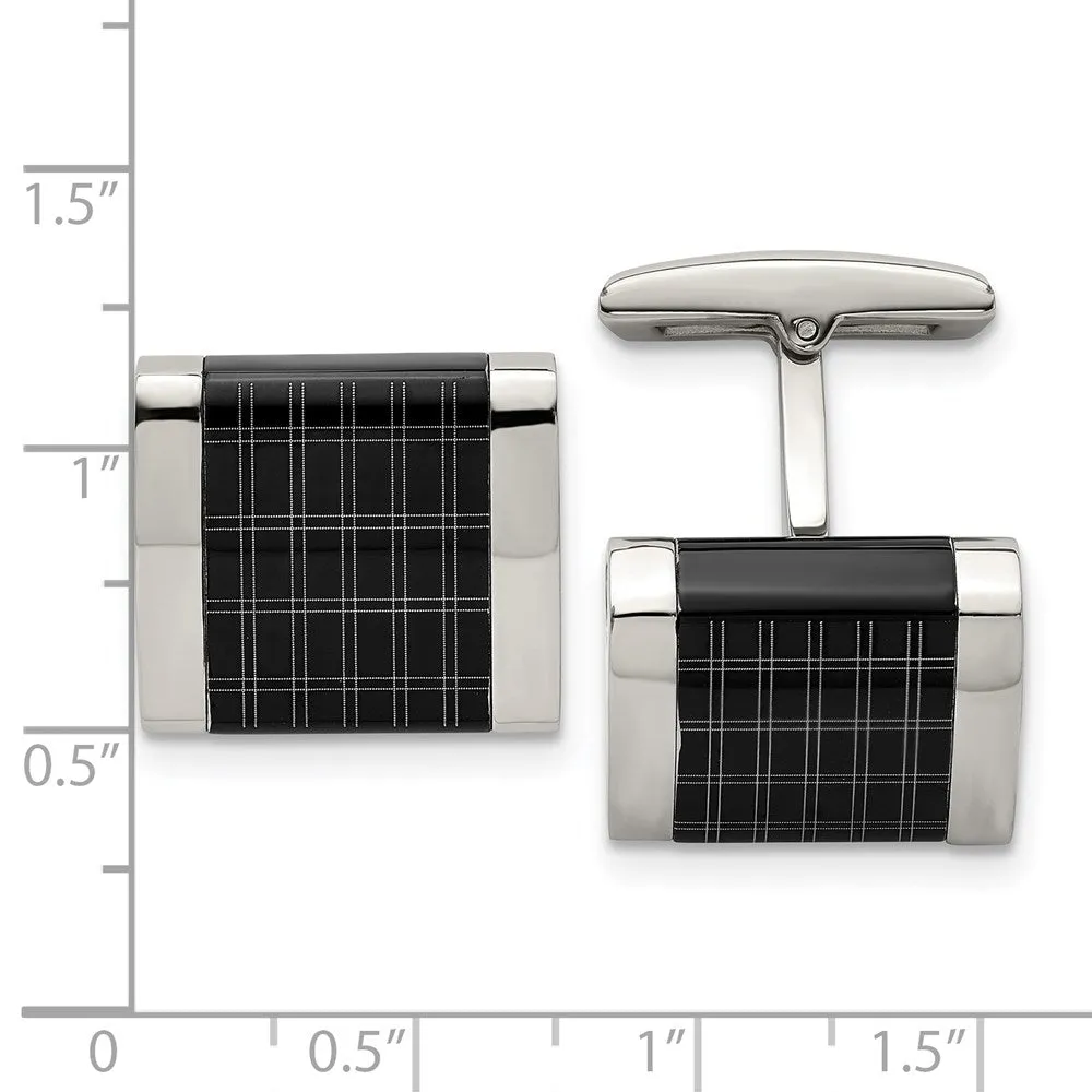 Stainless Steel & Black Plated Laser Design Square Cuff Links, 16mm