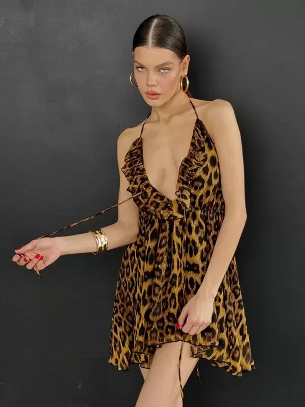 Summer Dress Mini Dresses Leopard V-Neck Leopard Print Polyester Beach Dress