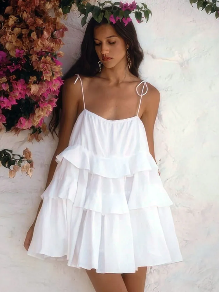 Summer Dress Mini Dresses White Straps Neck Ruffles Cotton Beach Dress