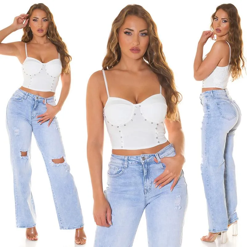 Top crop y tachuelas brillantes blanco