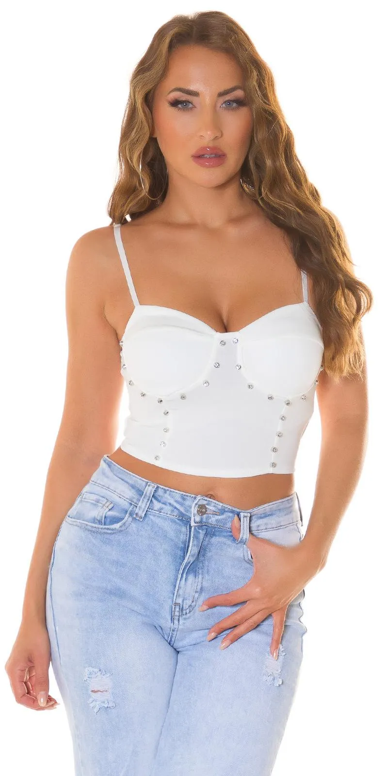 Top crop y tachuelas brillantes blanco