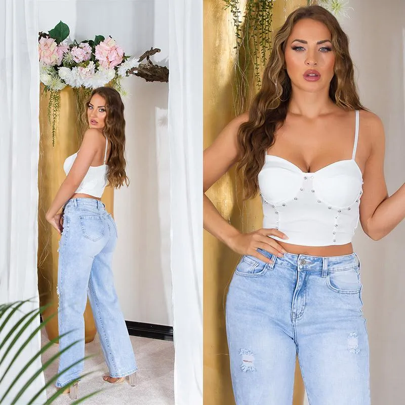 Top crop y tachuelas brillantes blanco