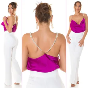 Top satinado con perlas purpura