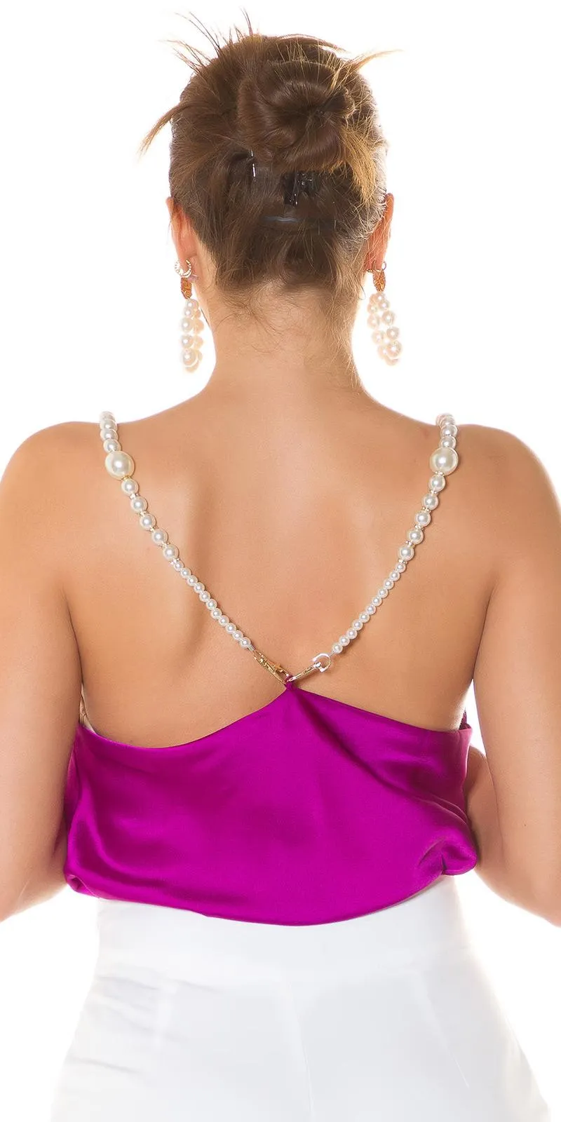 Top satinado con perlas purpura