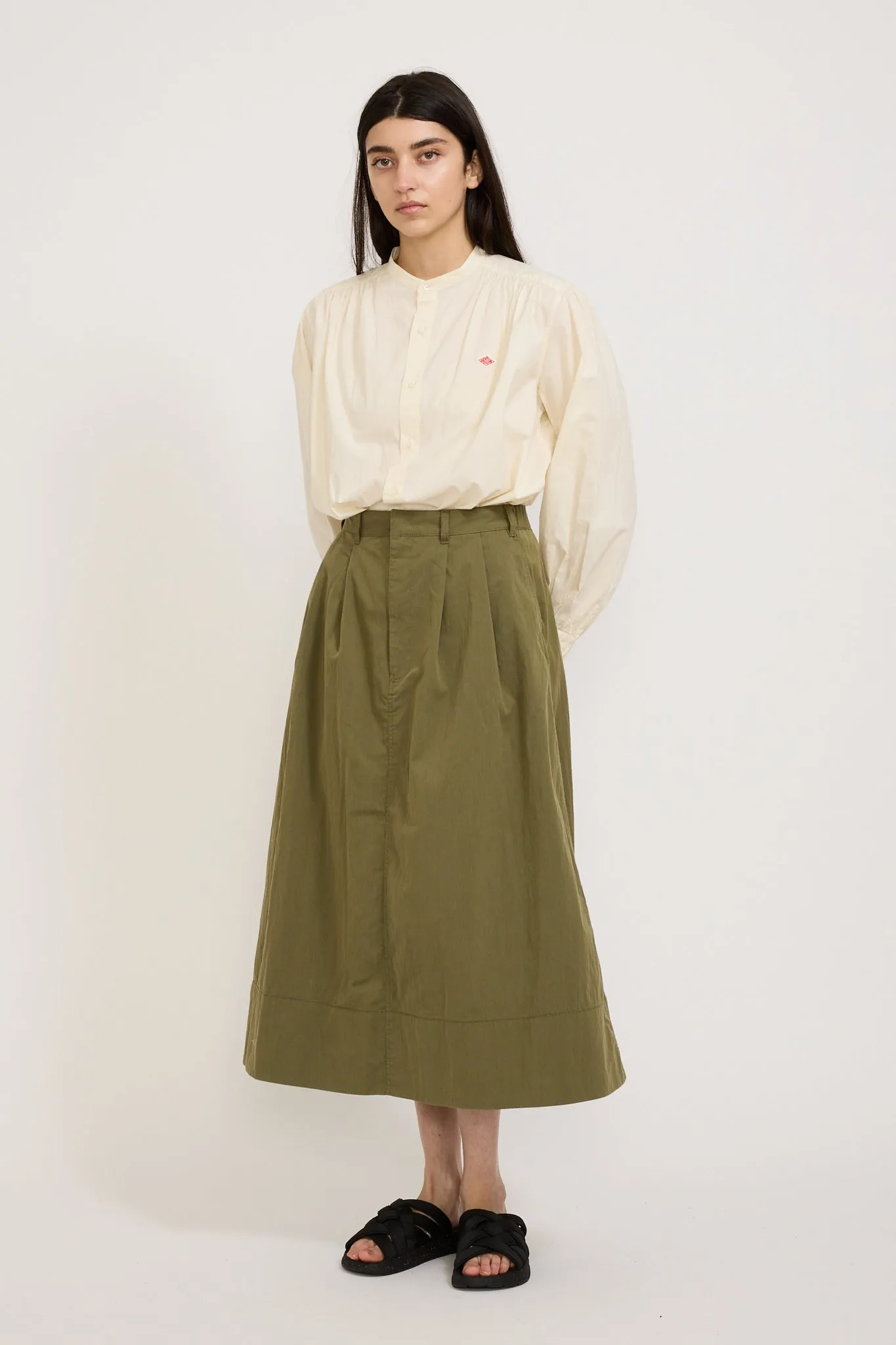 Twill Double Pleated Skirt Olive