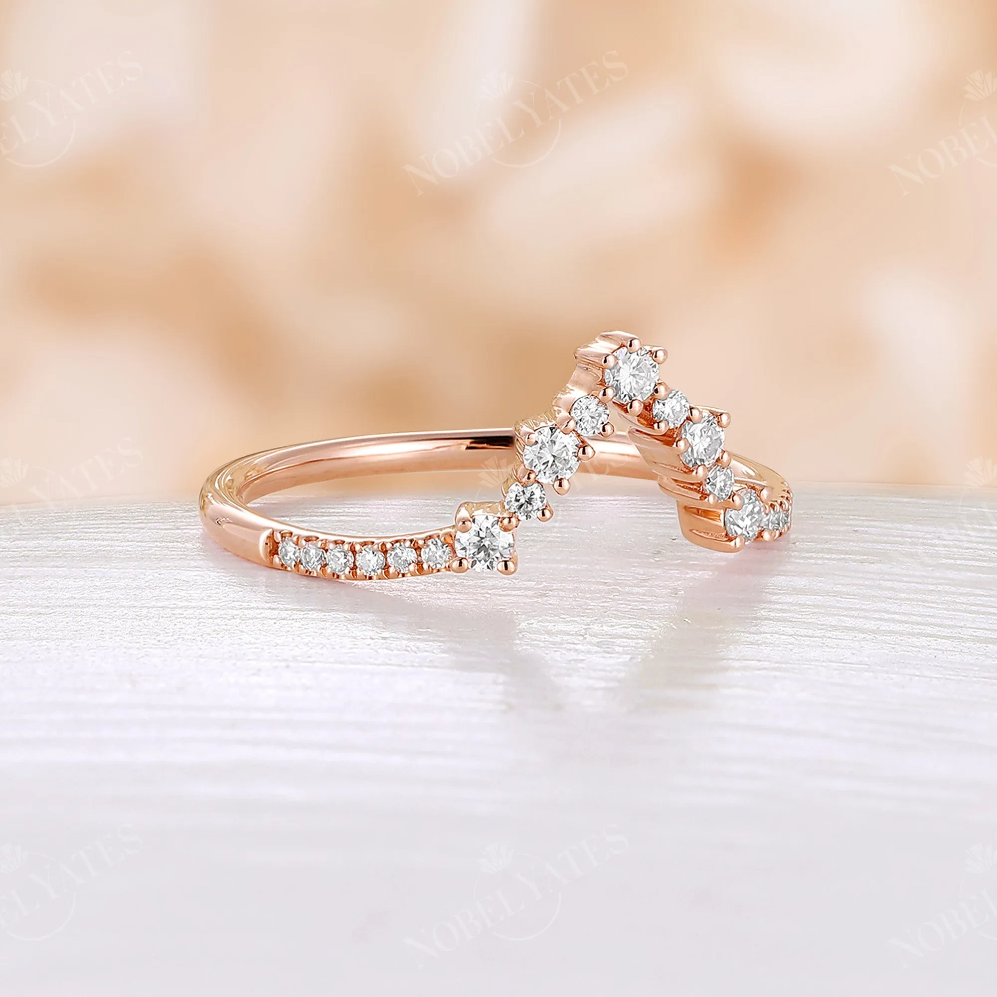 Unique Round Cut Moissanite Pave Curved Wedding Band Rose Gold