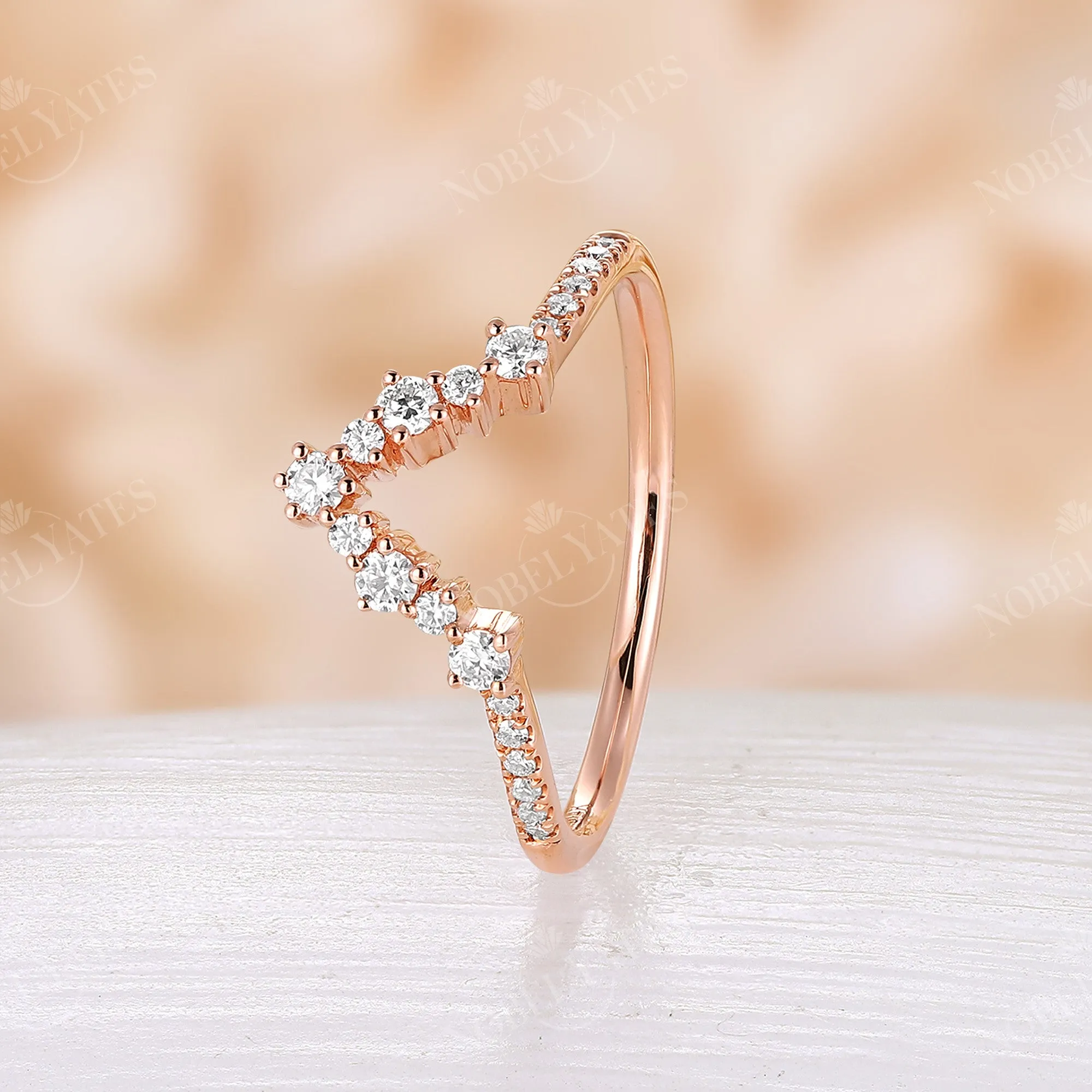 Unique Round Cut Moissanite Pave Curved Wedding Band Rose Gold