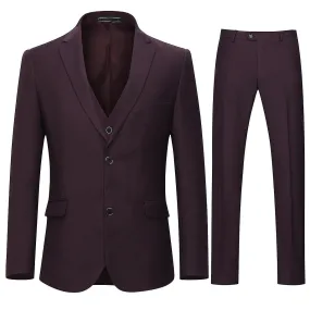 VAWAN Men's 3-Piece Suit Business Wedding Solid Color Slim Fit Suit